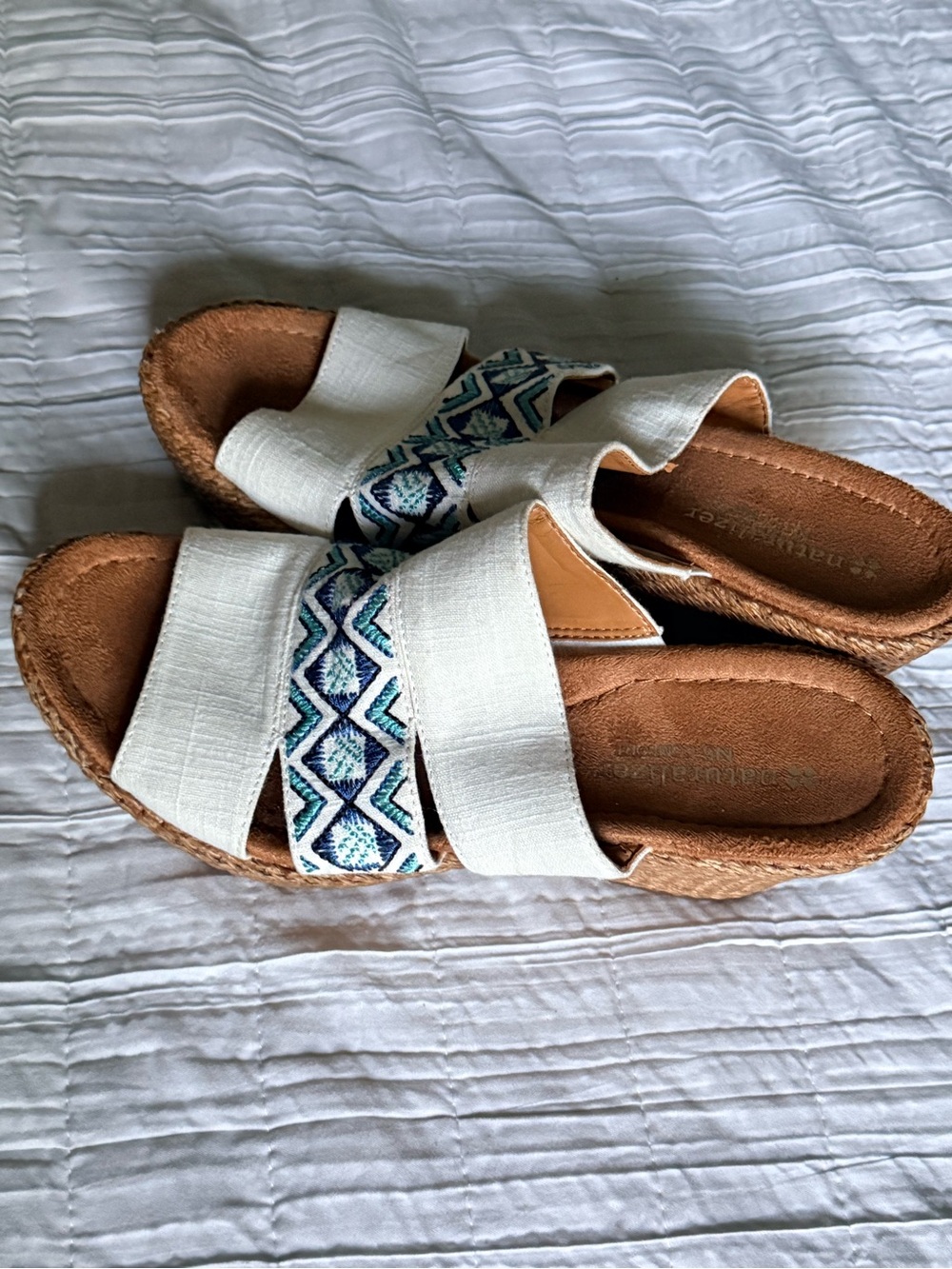 Naturalizer White Slide Sandals with Blue and Teal Embroidered Strap - Picture 2 of 7